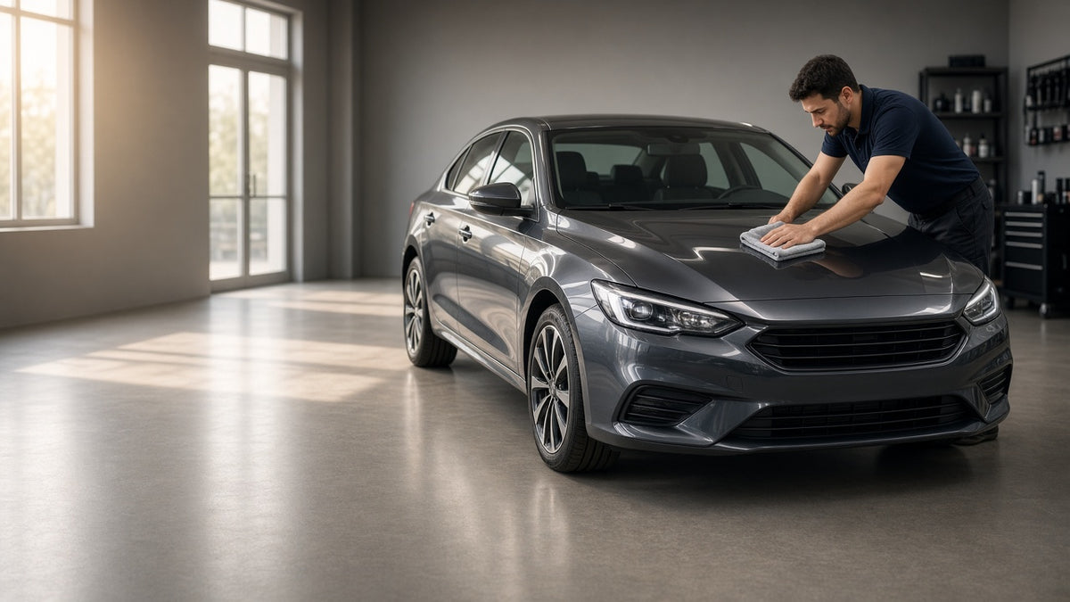 DetailDrive sedan being finished in a bright garage